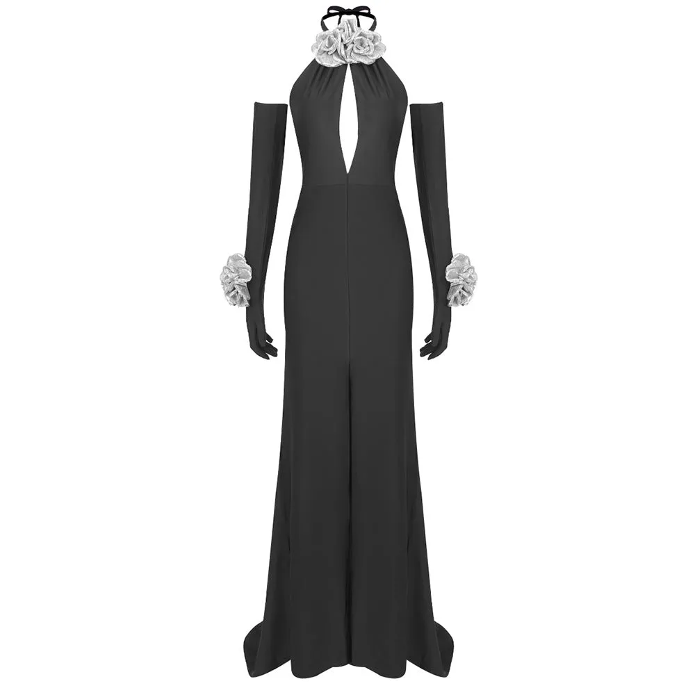 Bella 3D Flower Decor Halter Maxi Dress With Gloves