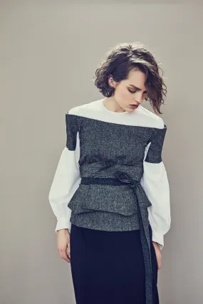 Blue Reversible Wrap Wool Blend Tweed Corset Belt