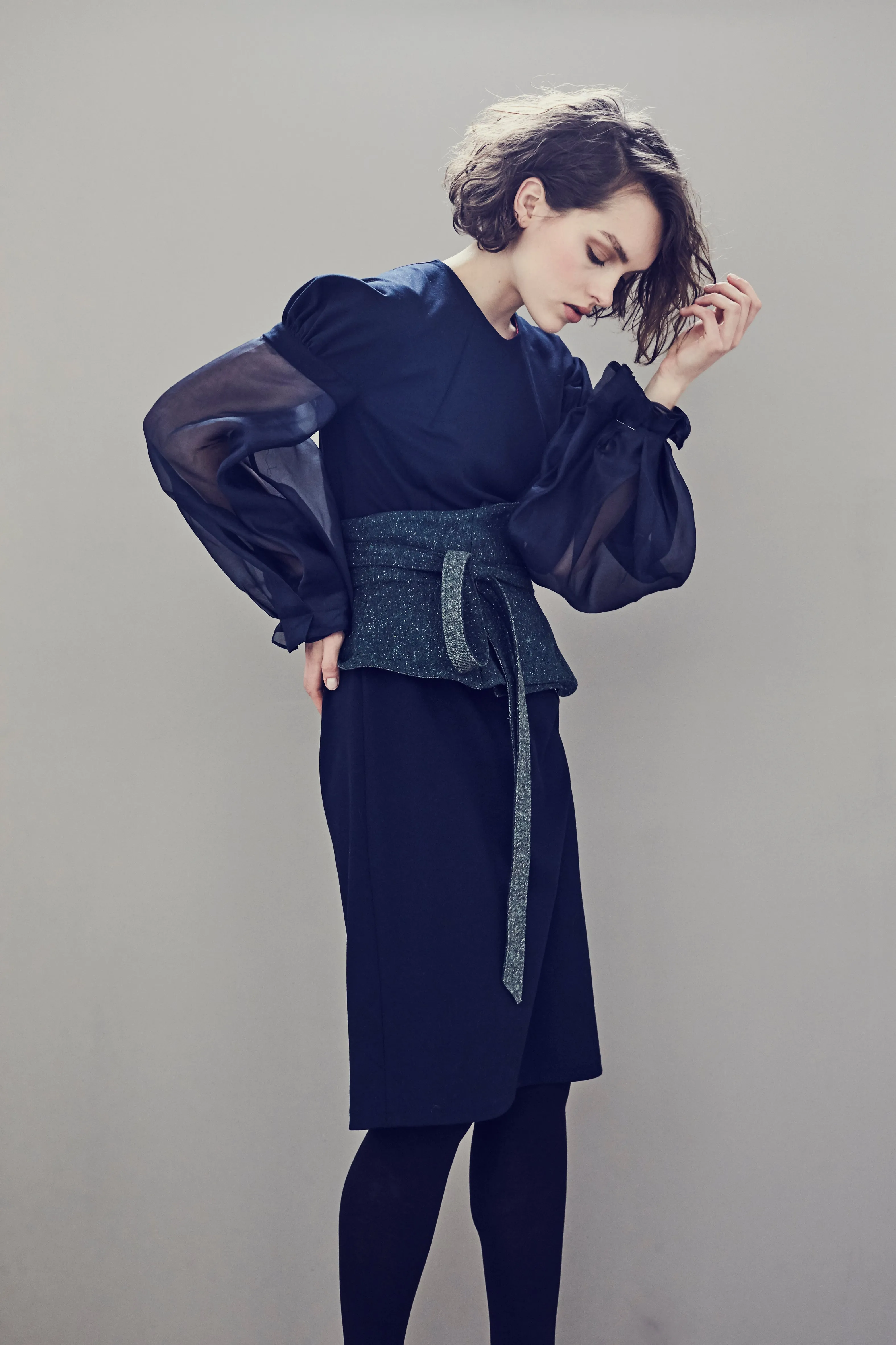 Blue Reversible Wrap Wool Blend Tweed Corset Belt