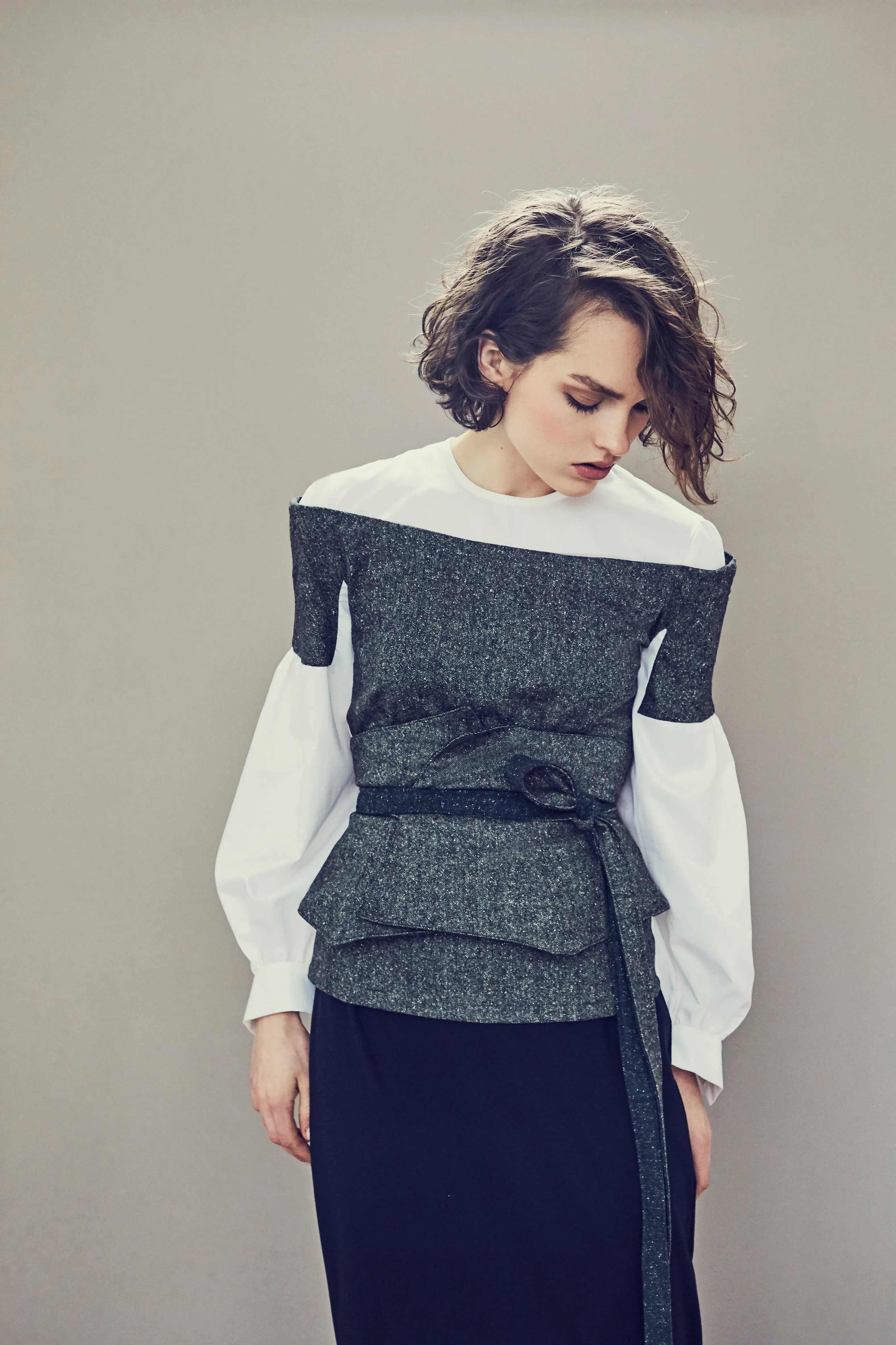 Blue Reversible Wrap Wool Blend Tweed Corset Belt