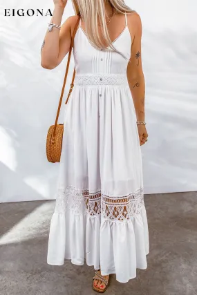 Buttoned Spliced Lace Spaghetti Strap Maxi Dress