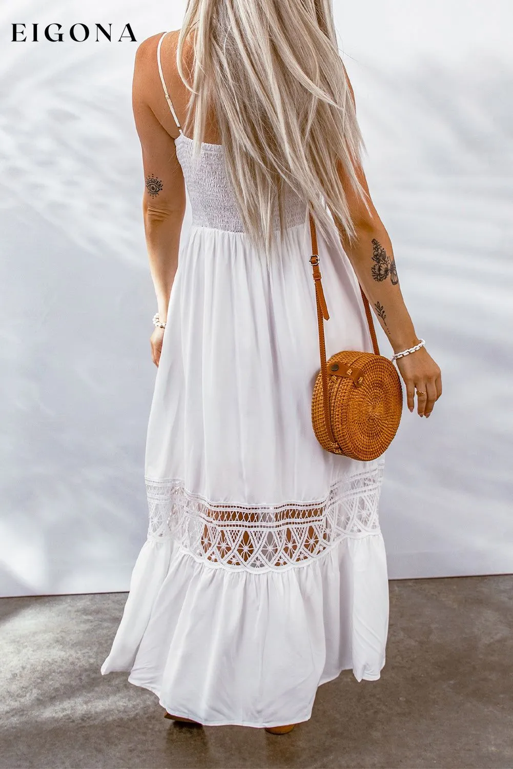 Buttoned Spliced Lace Spaghetti Strap Maxi Dress