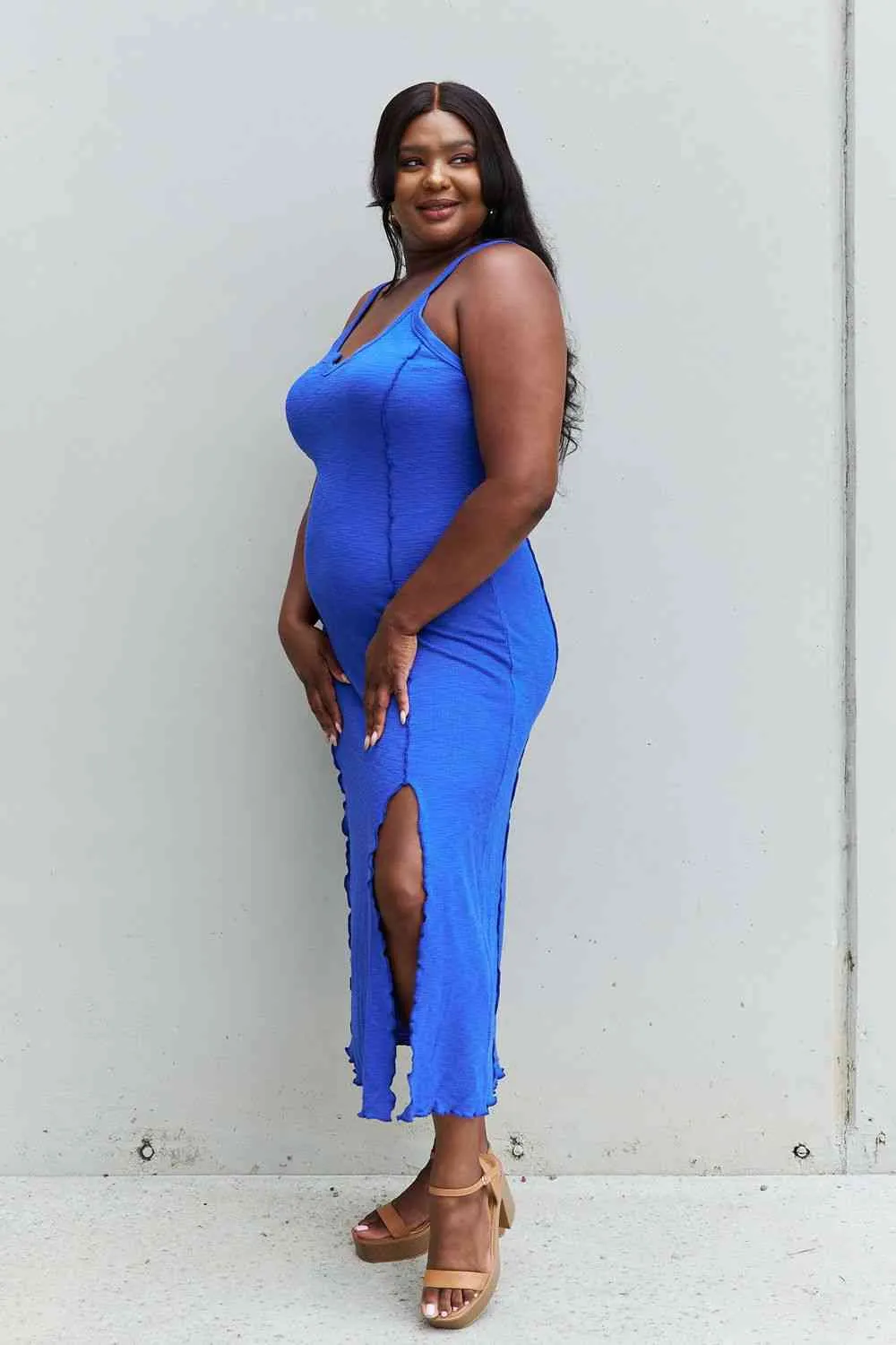 Culture Code Look At Me Full Size Notch Neck Maxi Dress with Slit in Cobalt Blue
