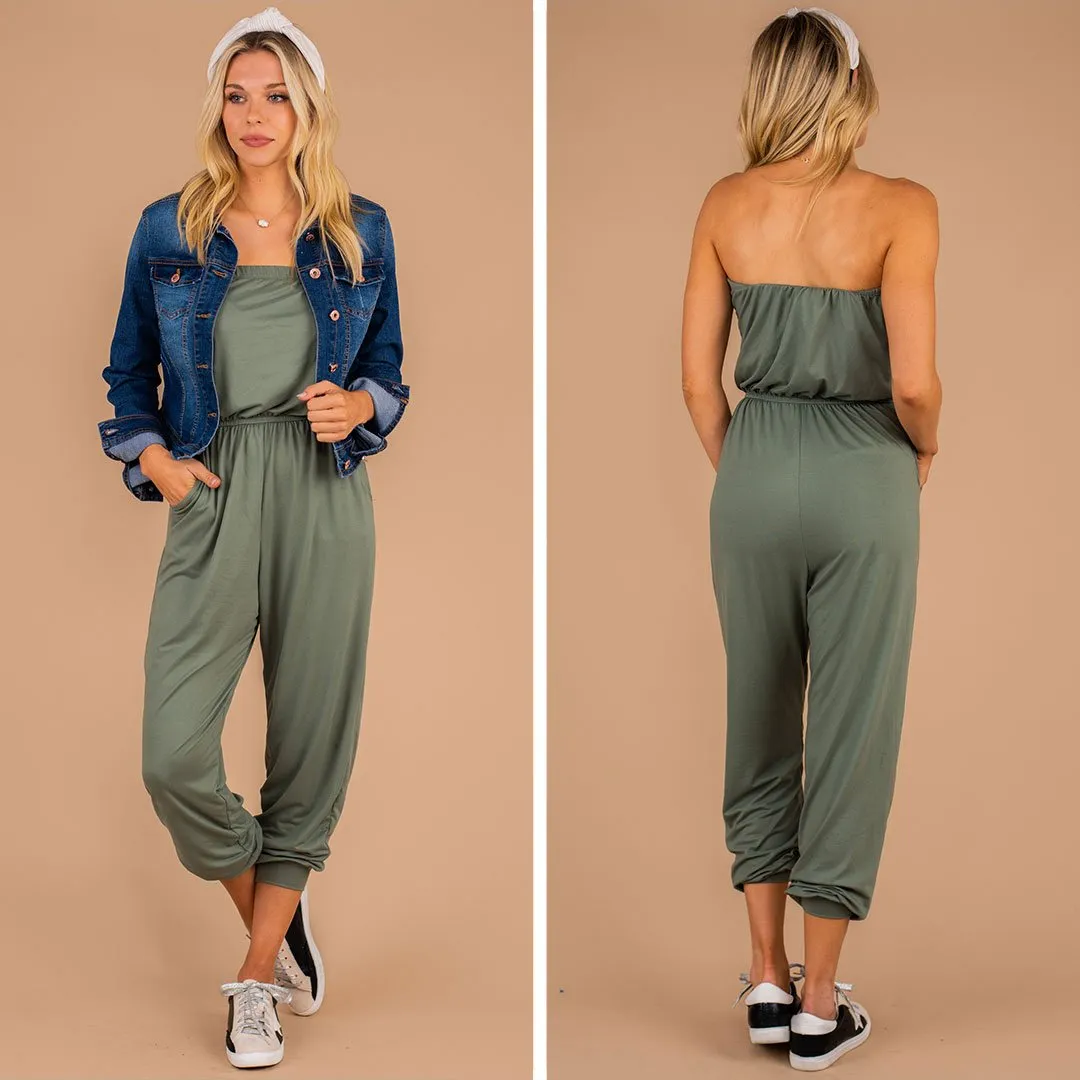 Express Your Passions Army Green Strapless Jumpsuit