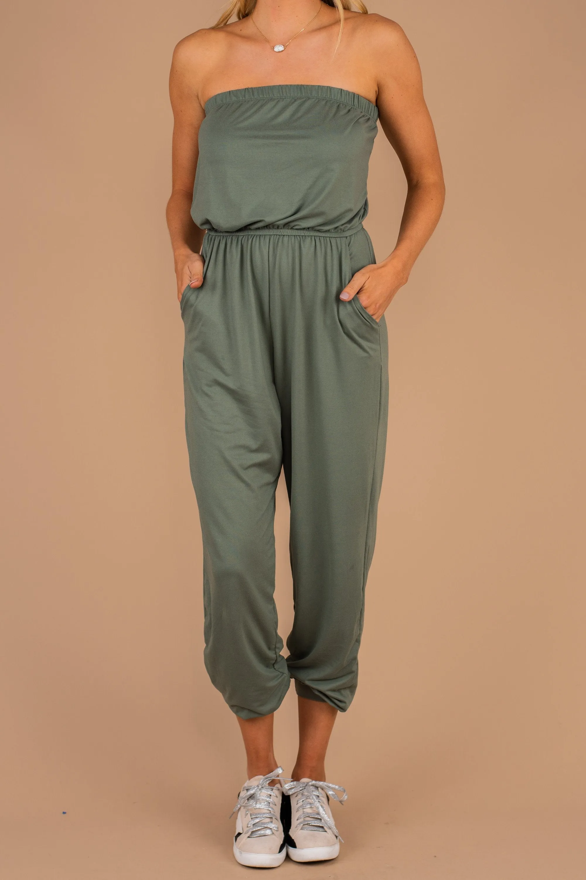 Express Your Passions Army Green Strapless Jumpsuit