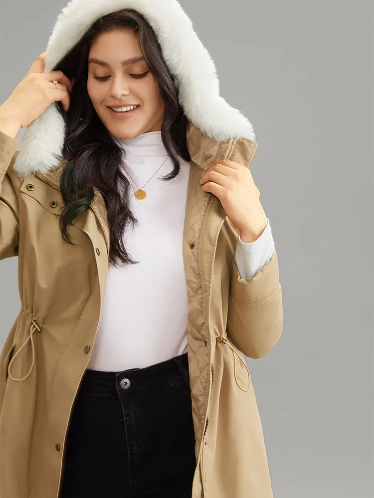 Fuzzy Trim Drawstring Pocket Cotton Jackets