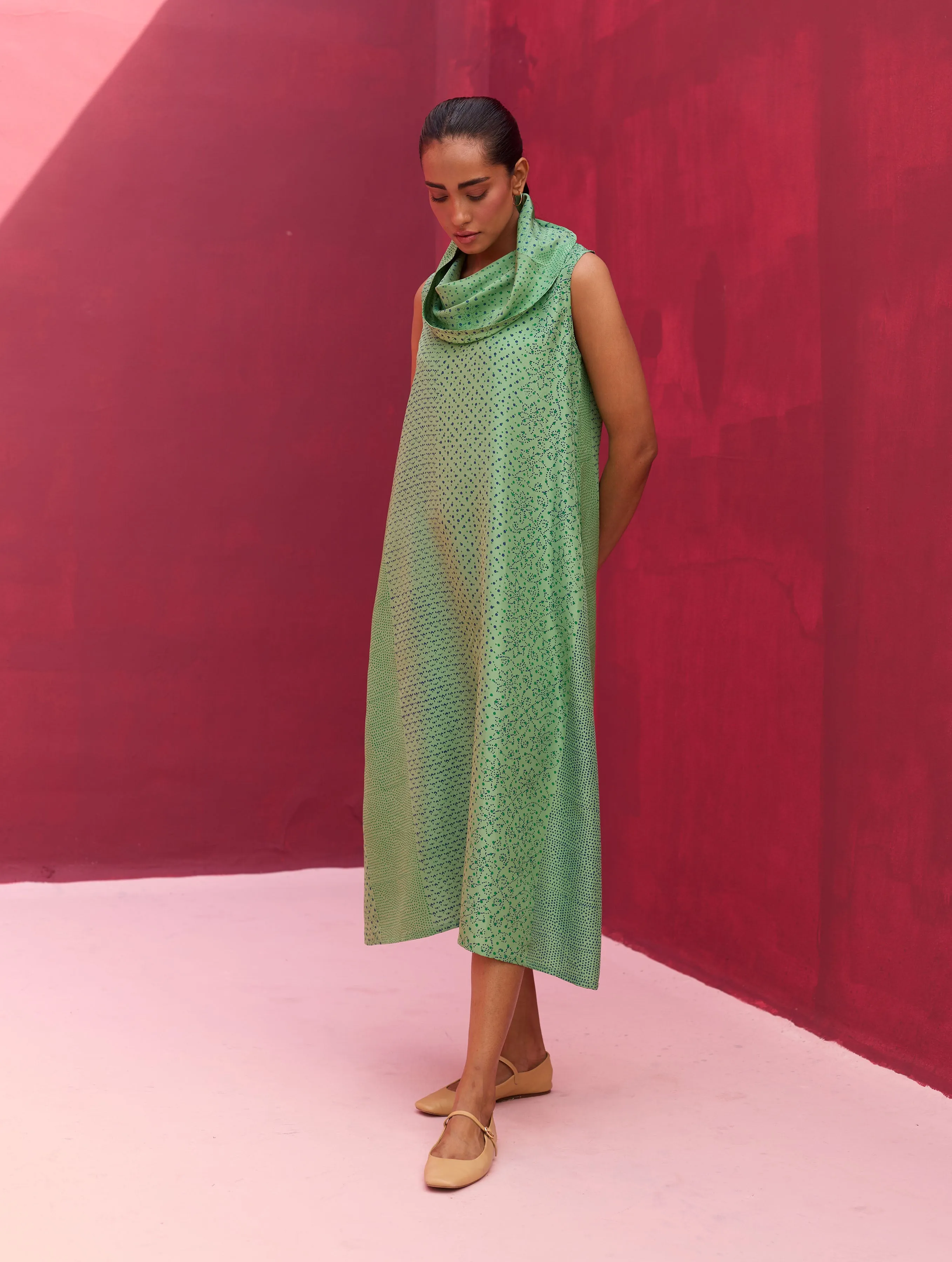 Iva Cowl Neck Block Printed Dress - Peacock