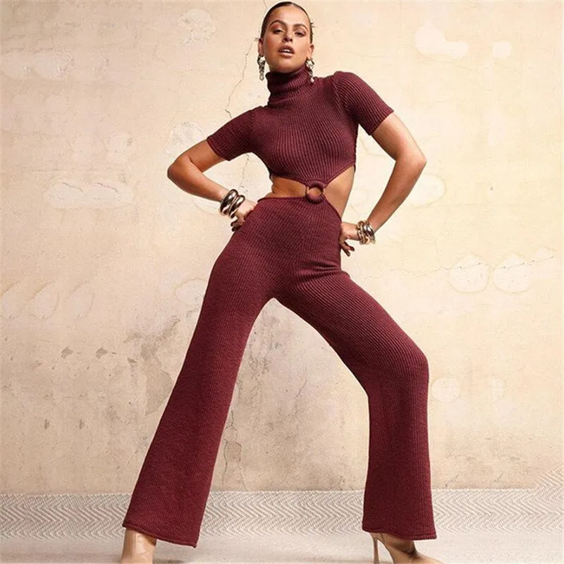 Joskaa Knitted Turtleneck Sexy Backless Bandage Women Jumpsuit White Short Sleeve Wide Leg Jumpsuit Autumn Slim Female Overalls