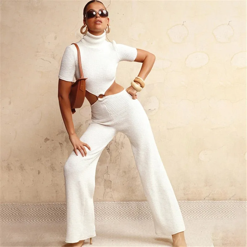 Joskaa Knitted Turtleneck Sexy Backless Bandage Women Jumpsuit White Short Sleeve Wide Leg Jumpsuit Autumn Slim Female Overalls