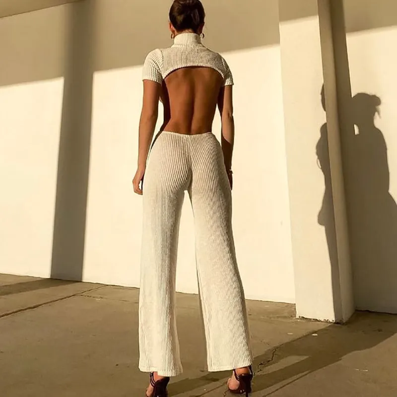 Joskaa Knitted Turtleneck Sexy Backless Bandage Women Jumpsuit White Short Sleeve Wide Leg Jumpsuit Autumn Slim Female Overalls