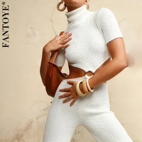 Joskaa Knitted Turtleneck Sexy Backless Bandage Women Jumpsuit White Short Sleeve Wide Leg Jumpsuit Autumn Slim Female Overalls