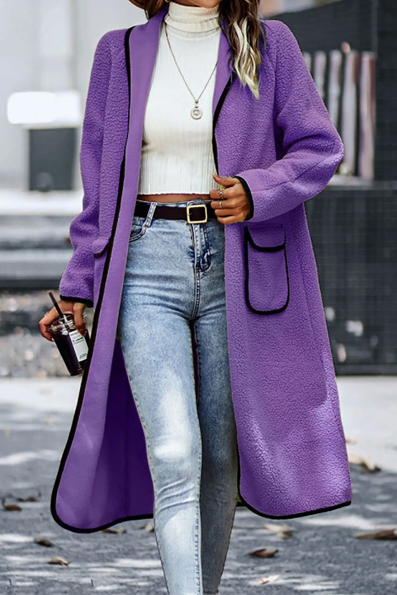 Lapel Pocketed Plush Cardigan