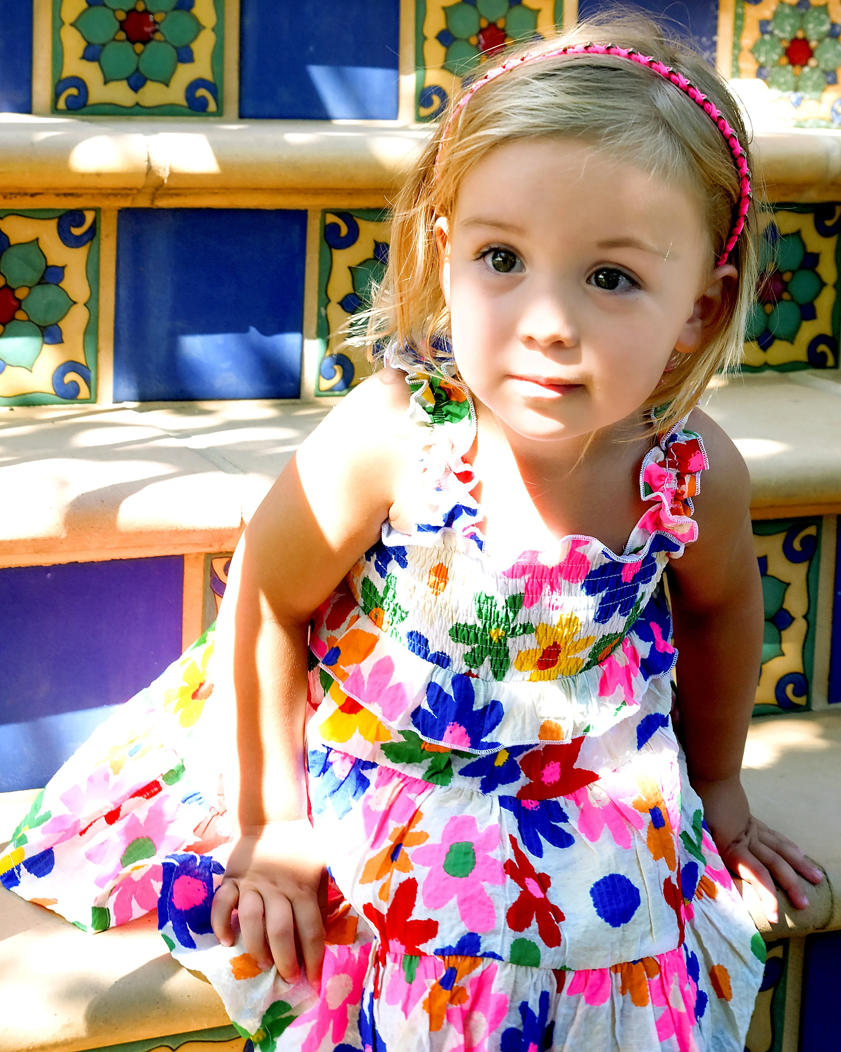 Little l Big Girl's Color Block Daisy Floral Print Tiered Dress