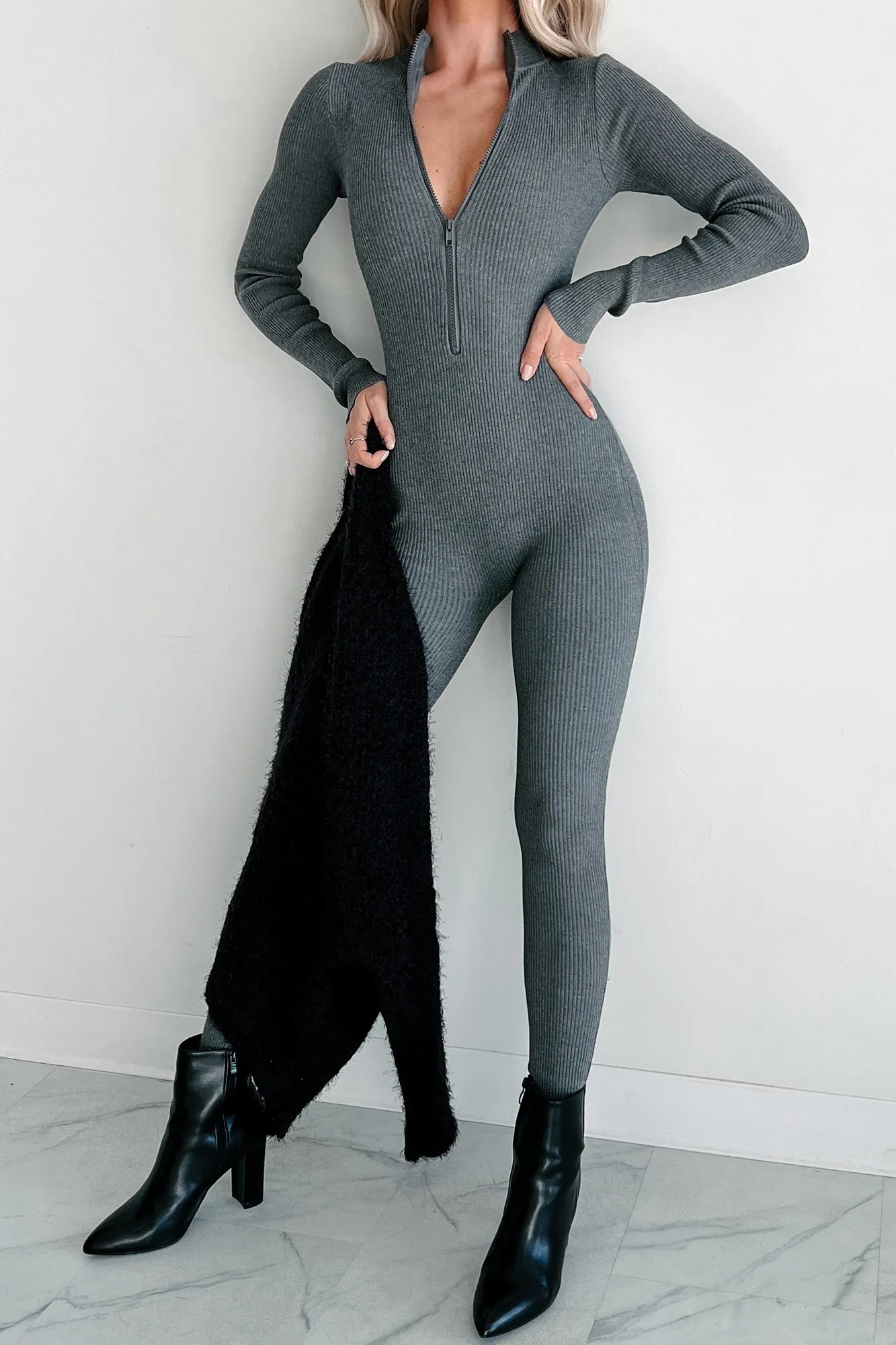 Lowkey And Loving It Zip Front Ribbed Jumpsuit (Heather Grey)