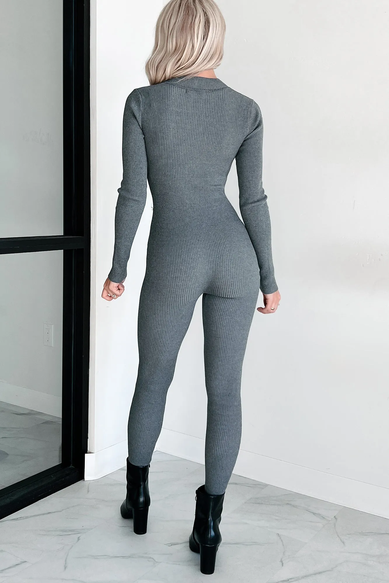 Lowkey And Loving It Zip Front Ribbed Jumpsuit (Heather Grey)