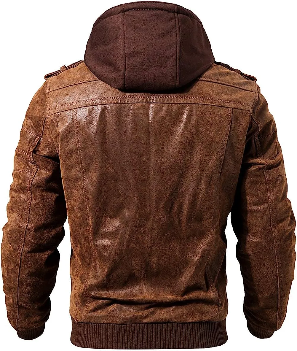Men's Real Leather Jacket with Removable Hood Brown Genuine Leather by tjs