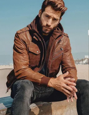Men's Real Leather Jacket with Removable Hood Brown Genuine Leather by tjs