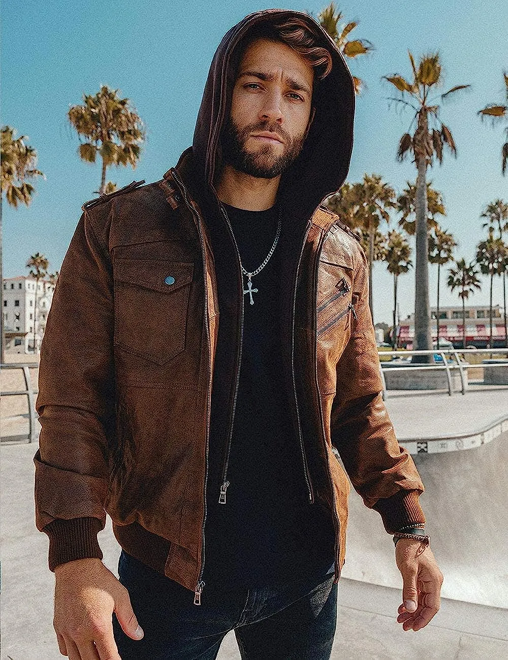 Men's Real Leather Jacket with Removable Hood Brown Genuine Leather by tjs