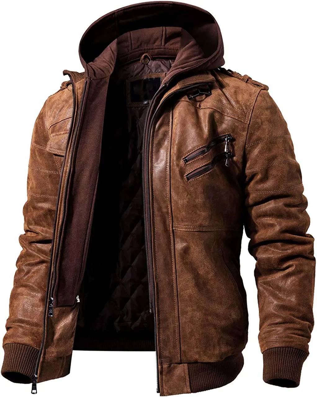 Men's Real Leather Jacket with Removable Hood Brown Genuine Leather by tjs