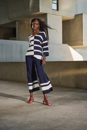 Midnight Blue & Vanilla Striped Casual Wide Leg Knit Pant Style 251945