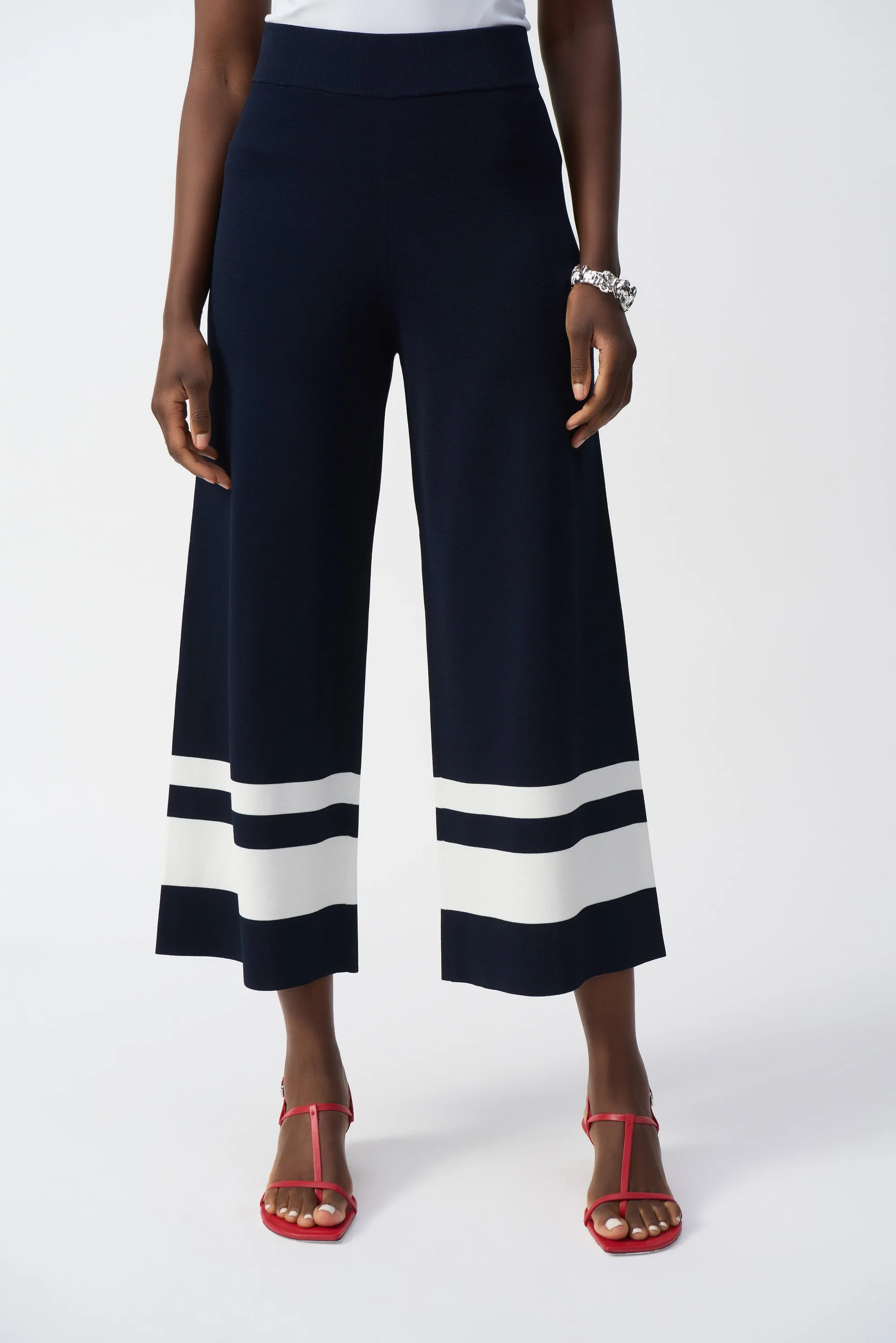 Midnight Blue & Vanilla Striped Casual Wide Leg Knit Pant Style 251945