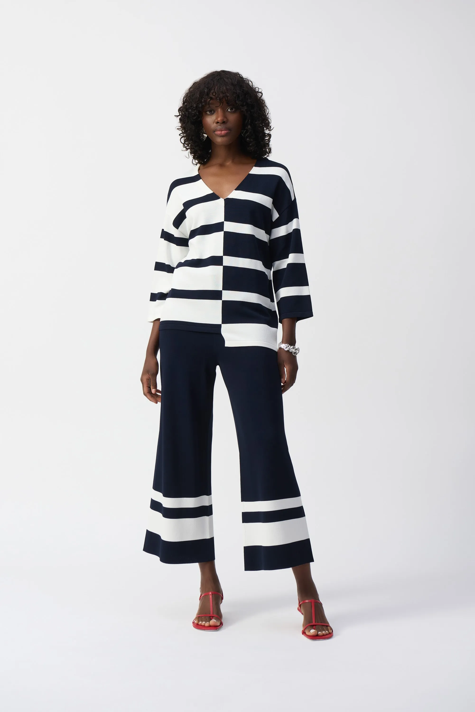 Midnight Blue & Vanilla Striped Casual Wide Leg Knit Pant Style 251945