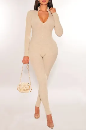 Oatmeal Long Sleeve Ribbed Knit Turtleneck Zipper Jumpsuit