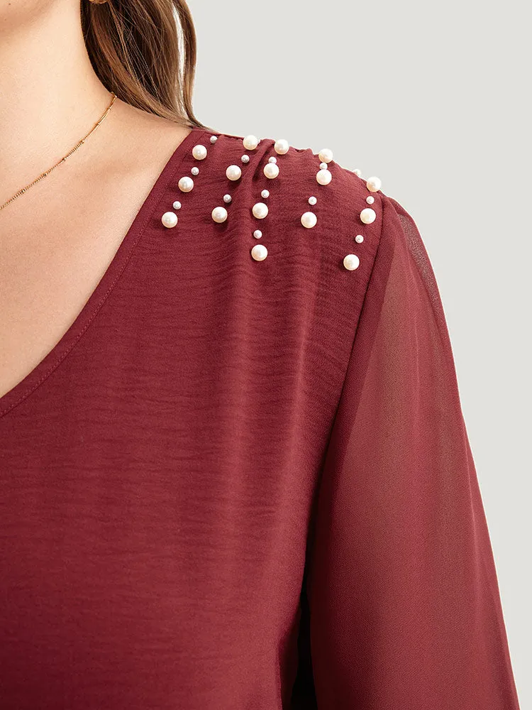 Pearl Beaded Pocket Mesh Patchwork Dress