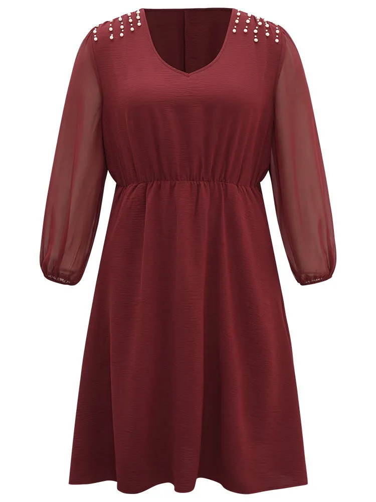 Pearl Beaded Pocket Mesh Patchwork Dress