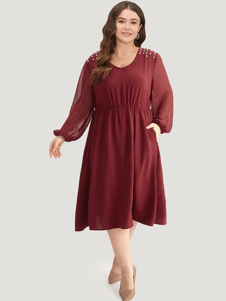 Pearl Beaded Pocket Mesh Patchwork Dress