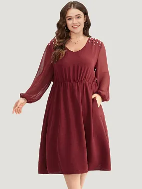 Pearl Beaded Pocket Mesh Patchwork Dress