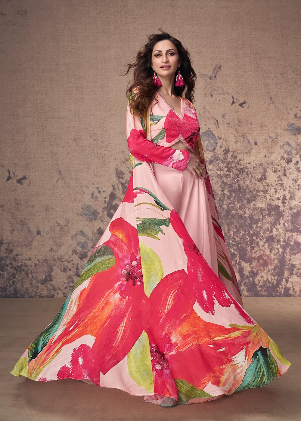 Pink Crepe Silk Jacket Style Indo Western Dress