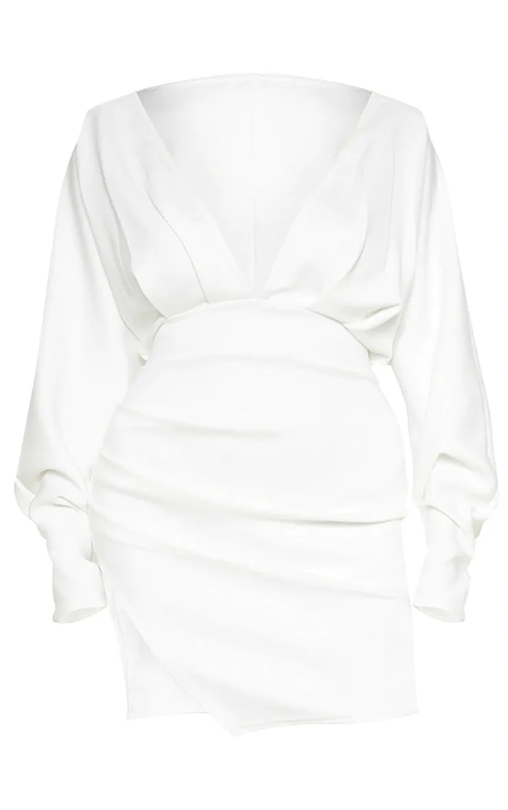 Plus White Pleated Balloon Sleeve Bodycon Dress