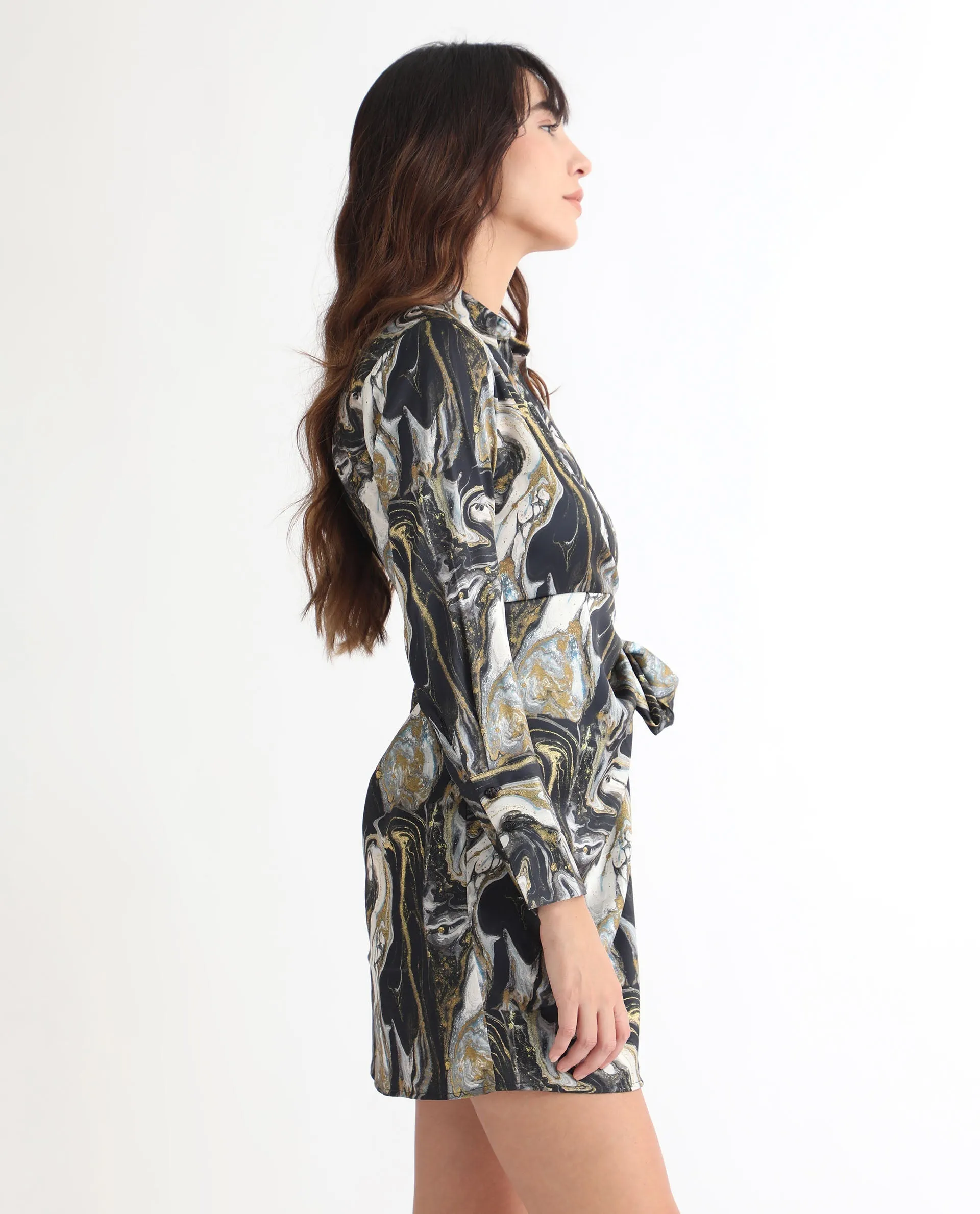 Rareism Women Sager Black Polyester Fabric Full Sleeves Tie-Up Closure Shirt Collar Regular Fit Abstract Print Short Wrap Dress