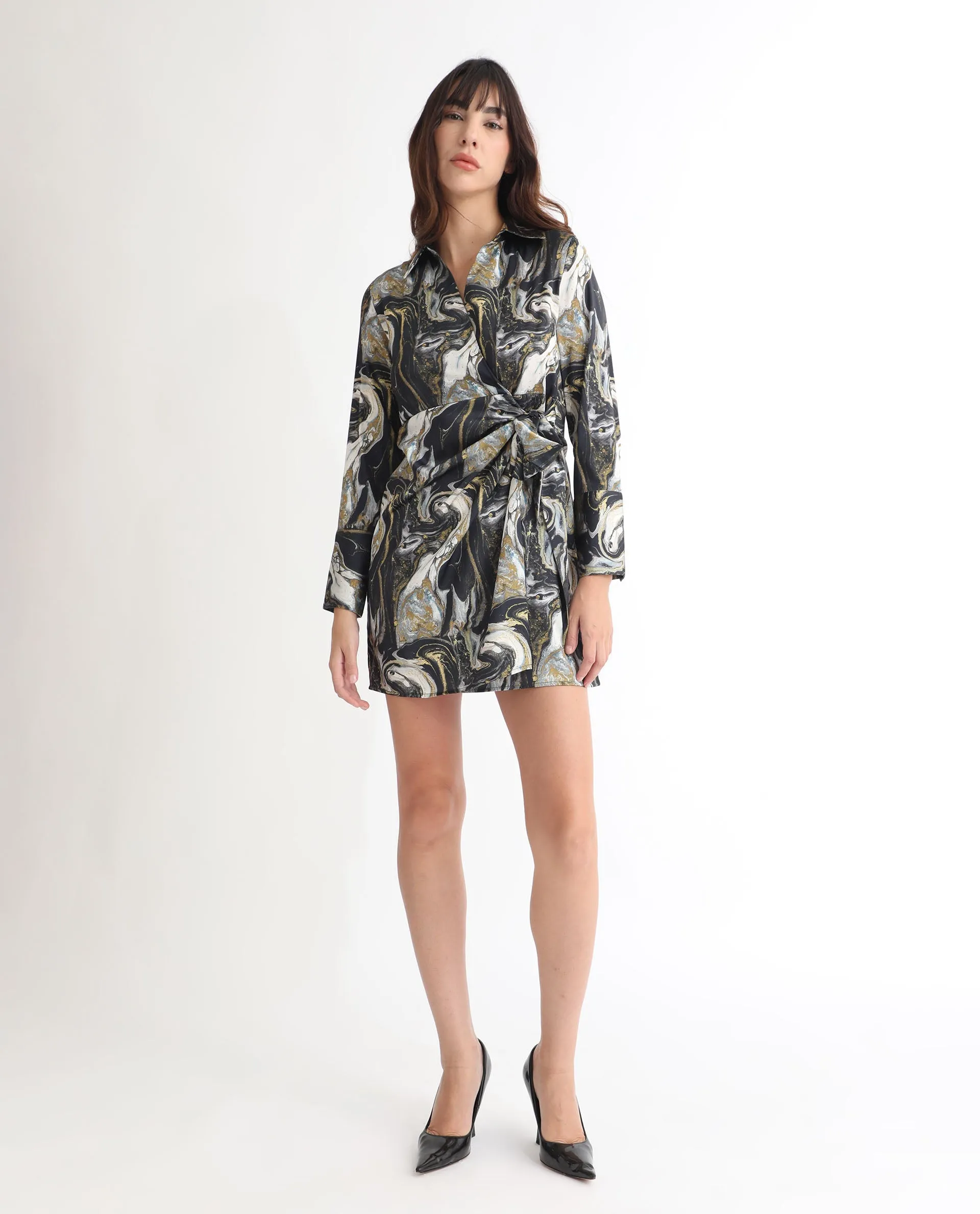 Rareism Women Sager Black Polyester Fabric Full Sleeves Tie-Up Closure Shirt Collar Regular Fit Abstract Print Short Wrap Dress