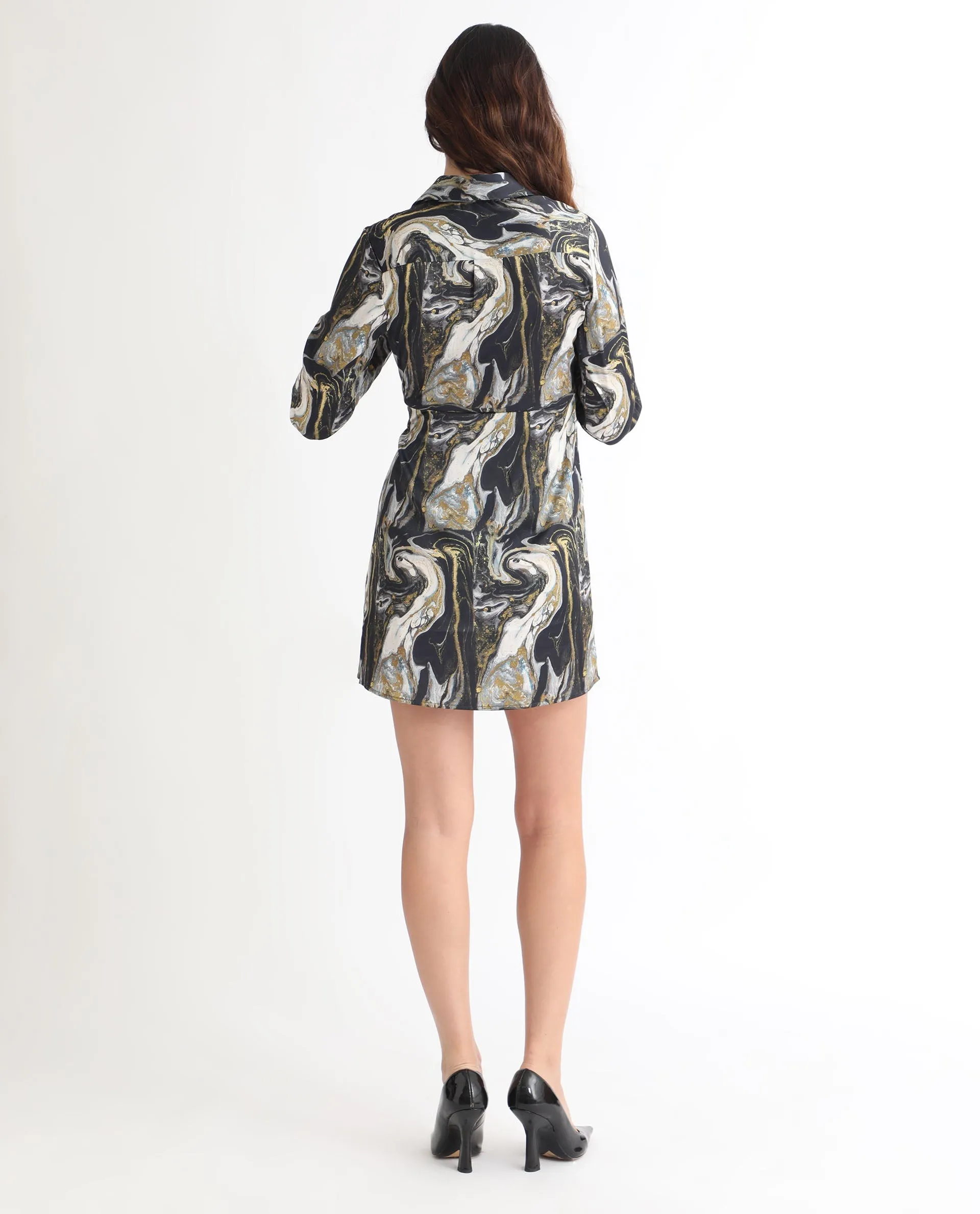 Rareism Women Sager Black Polyester Fabric Full Sleeves Tie-Up Closure Shirt Collar Regular Fit Abstract Print Short Wrap Dress