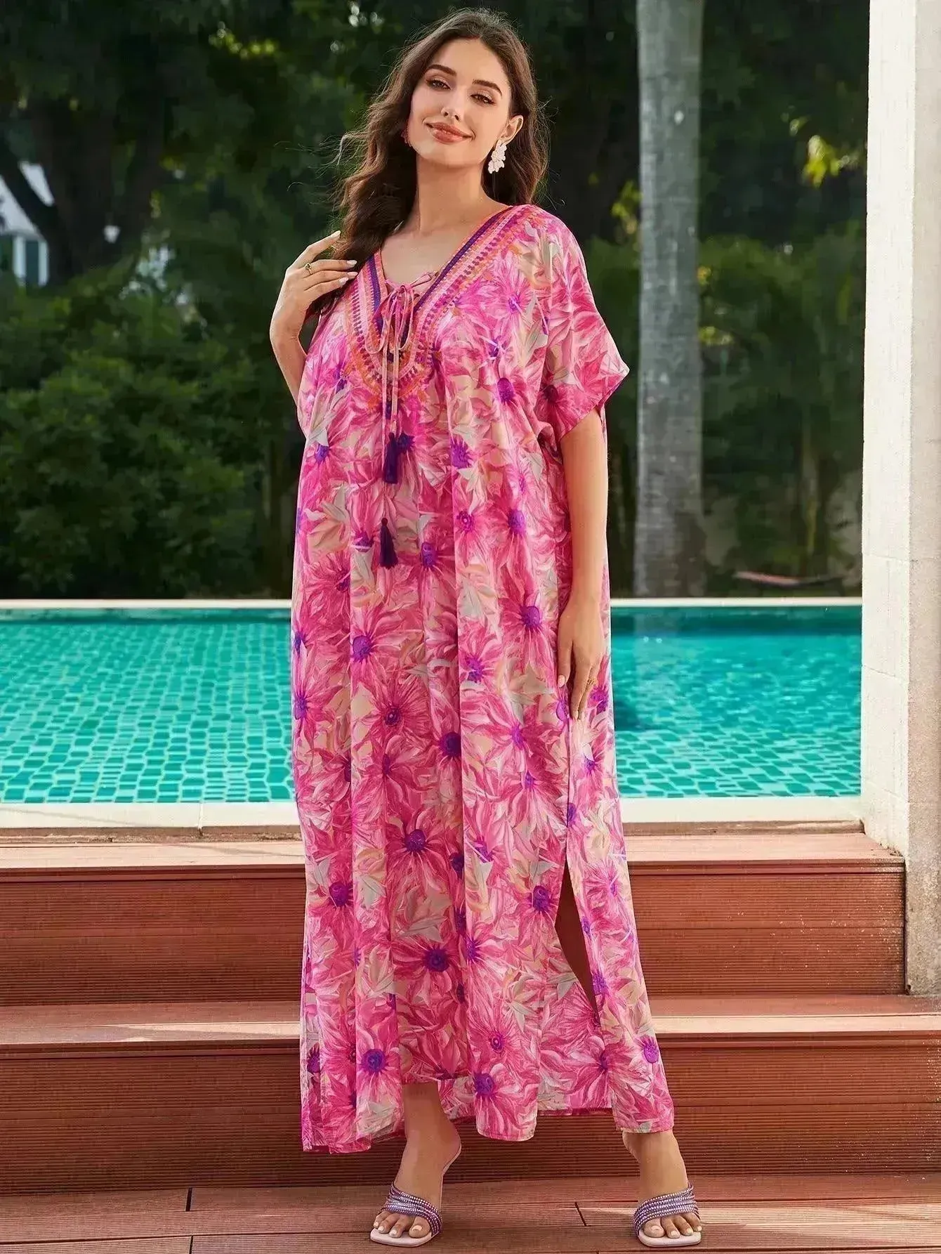 Rayon Rose Red Embroidered Beach Dress Outer Wear