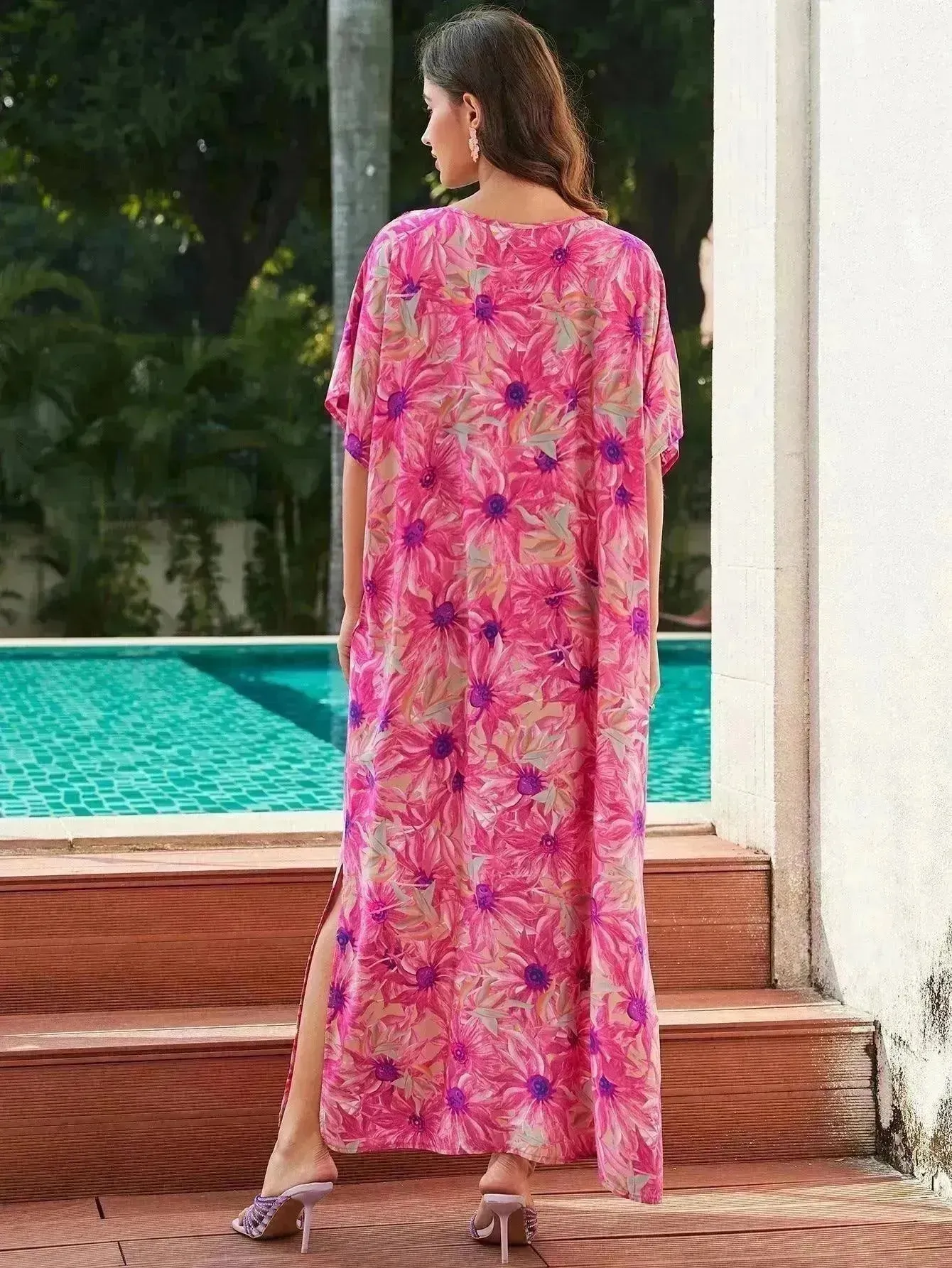 Rayon Rose Red Embroidered Beach Dress Outer Wear
