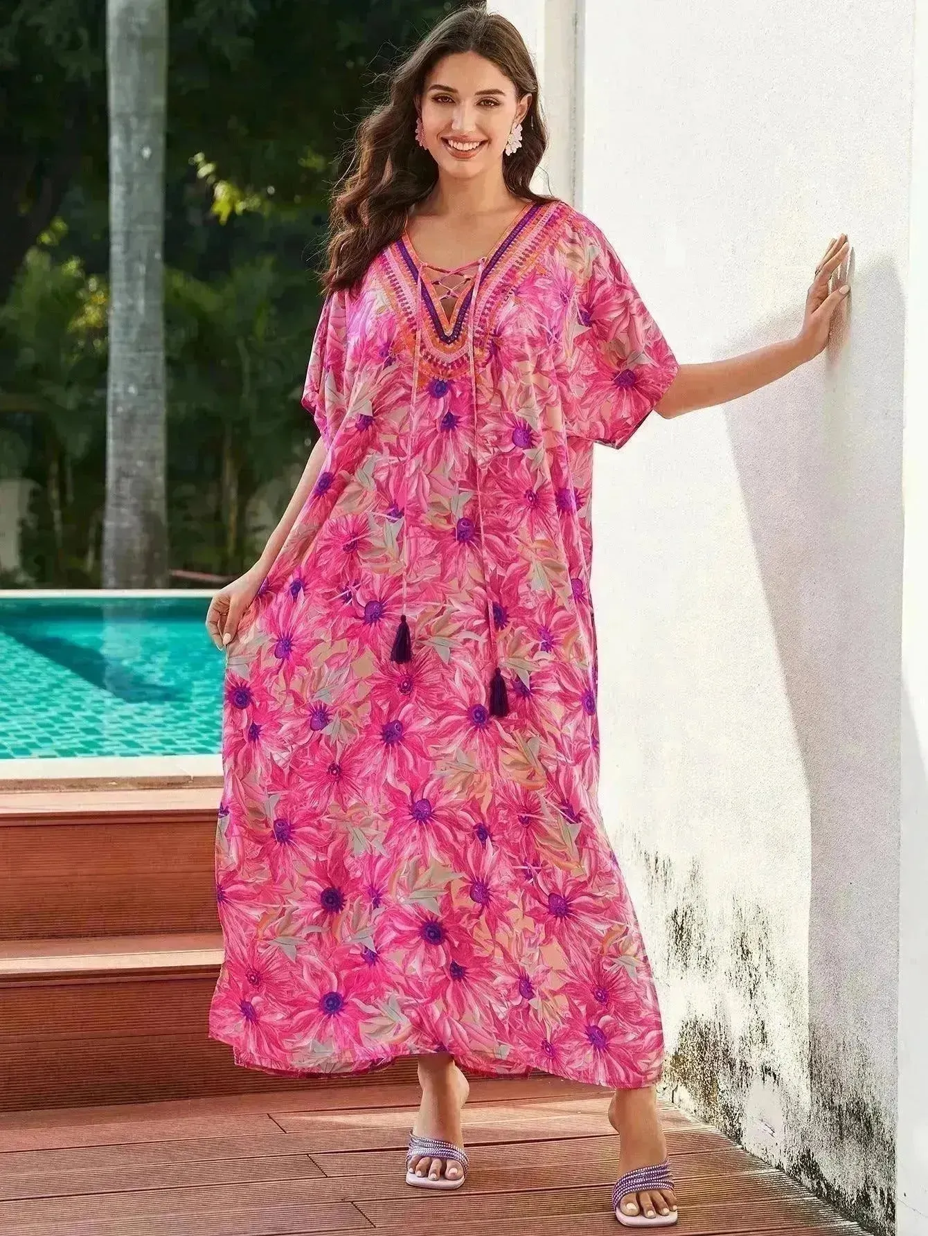 Rayon Rose Red Embroidered Beach Dress Outer Wear