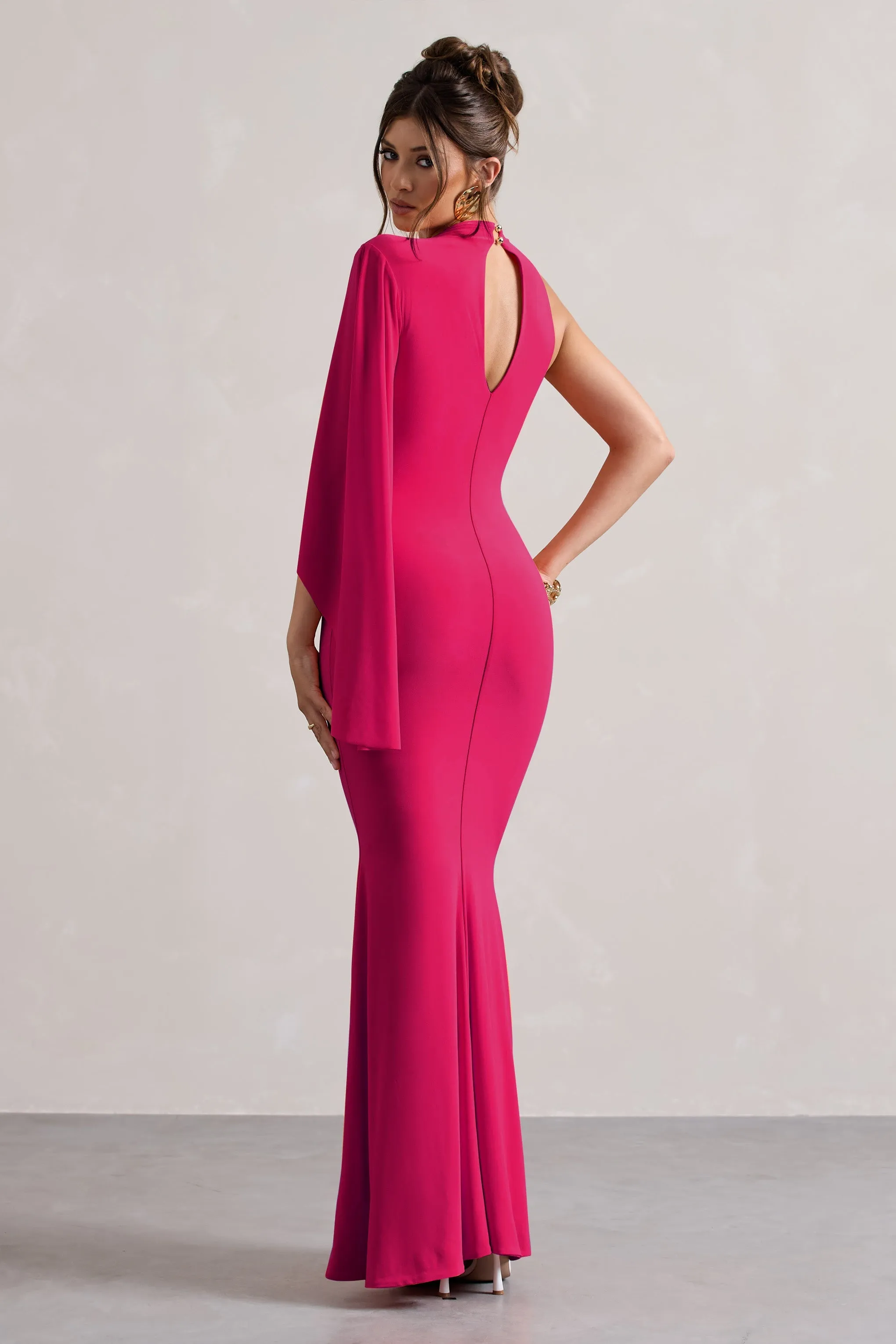 Samaya | Pink High-Neck Cape-Sleeve Maxi Dress
