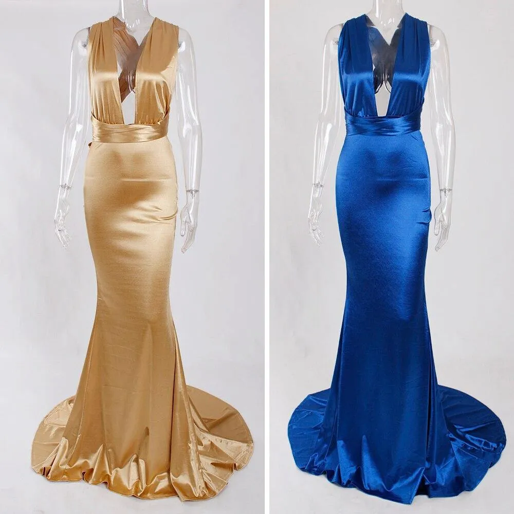 Sexy Backless Satin Bodycon Party Dress Halter Floor Length Maxi Dress Sleeveless V Neck Long Dress Stretch Satin Mermaid Dress