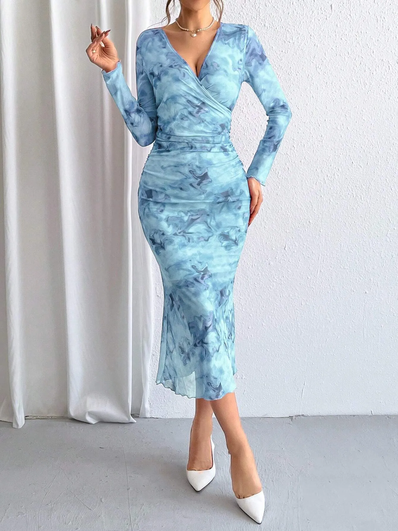 SHEIN Priv̩ Ladies' Tie-Dye Mesh Wrap Neck Long Sleeve Dress