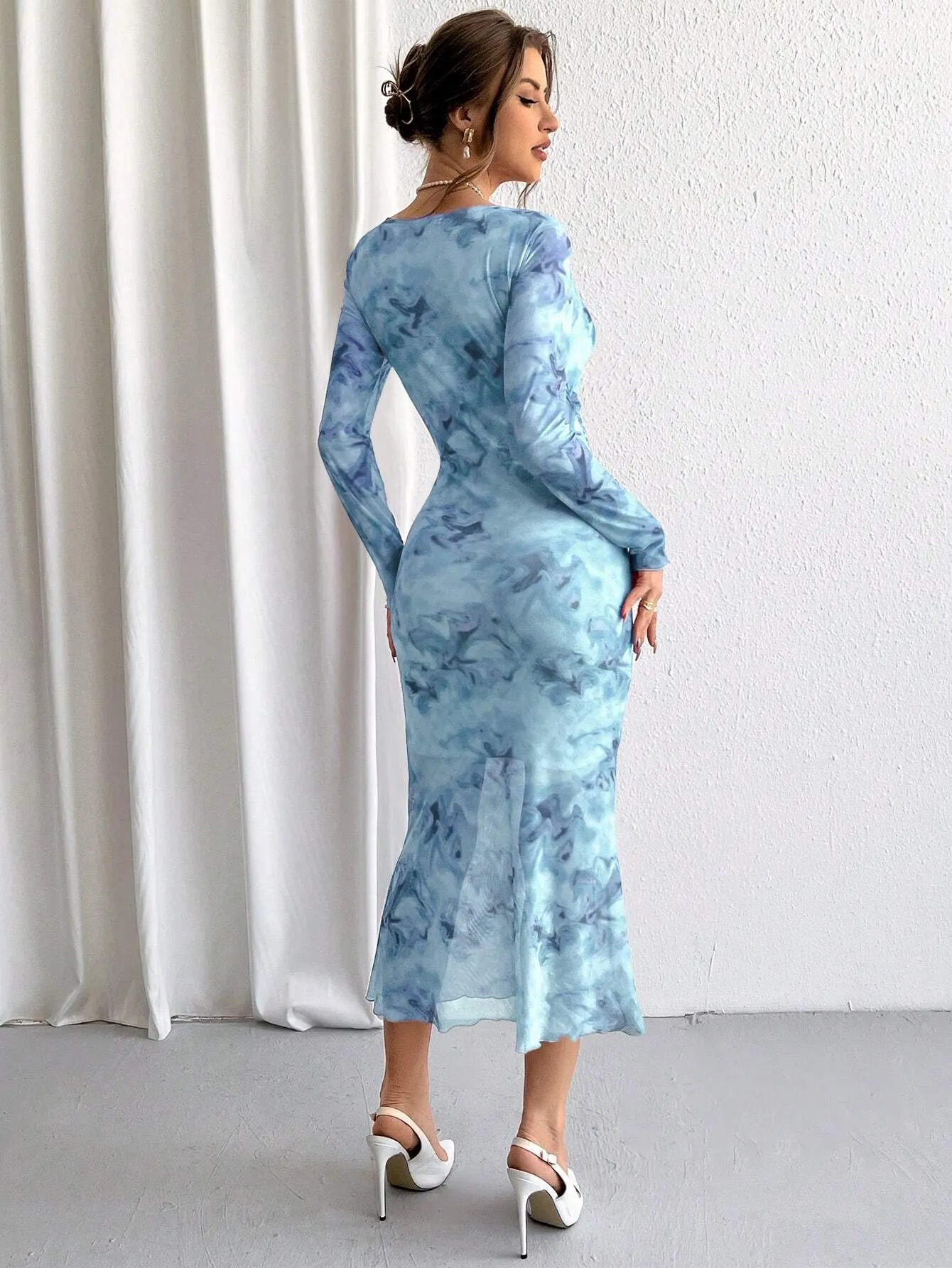 SHEIN Priv̩ Ladies' Tie-Dye Mesh Wrap Neck Long Sleeve Dress