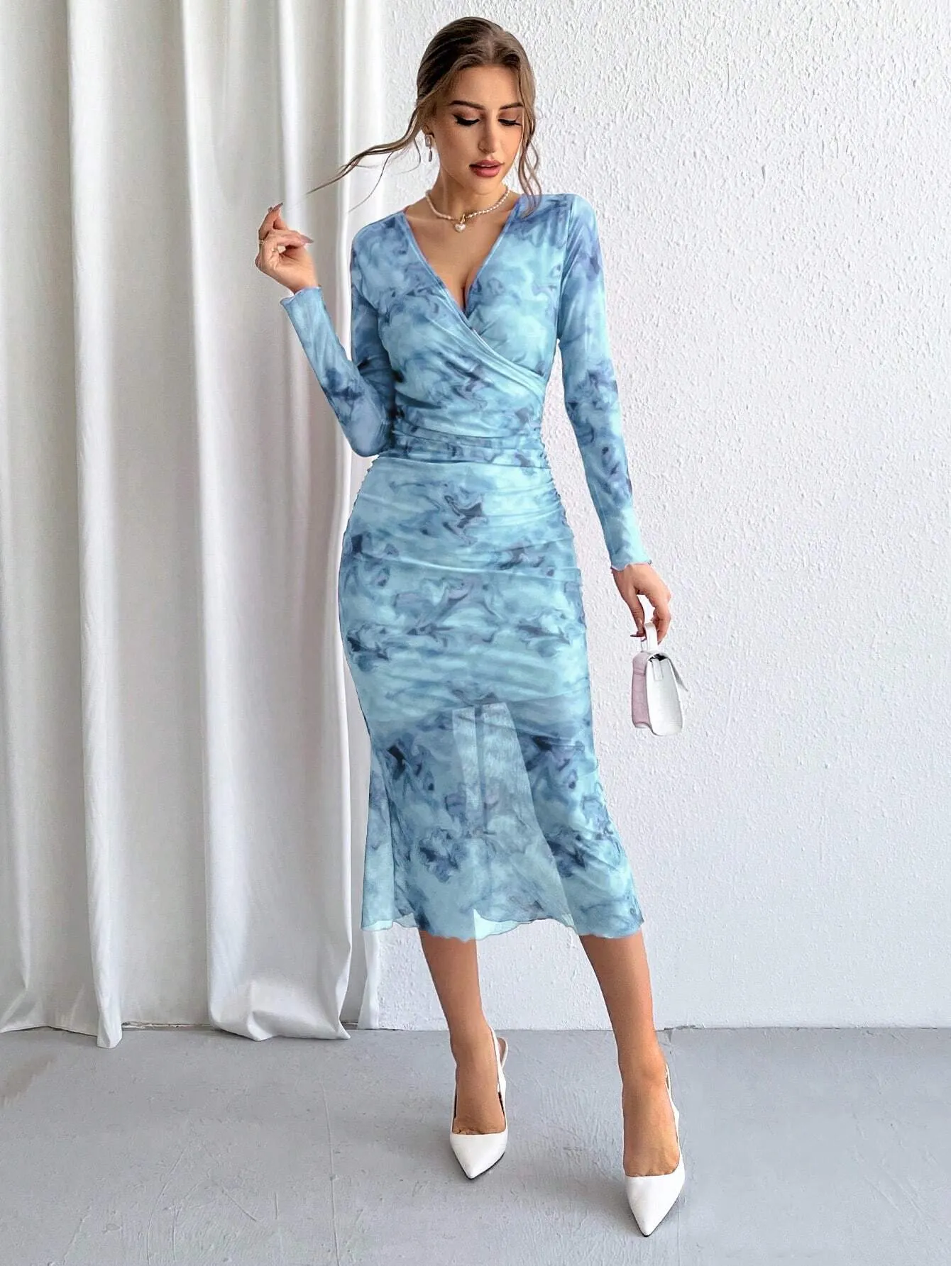 SHEIN Priv̩ Ladies' Tie-Dye Mesh Wrap Neck Long Sleeve Dress