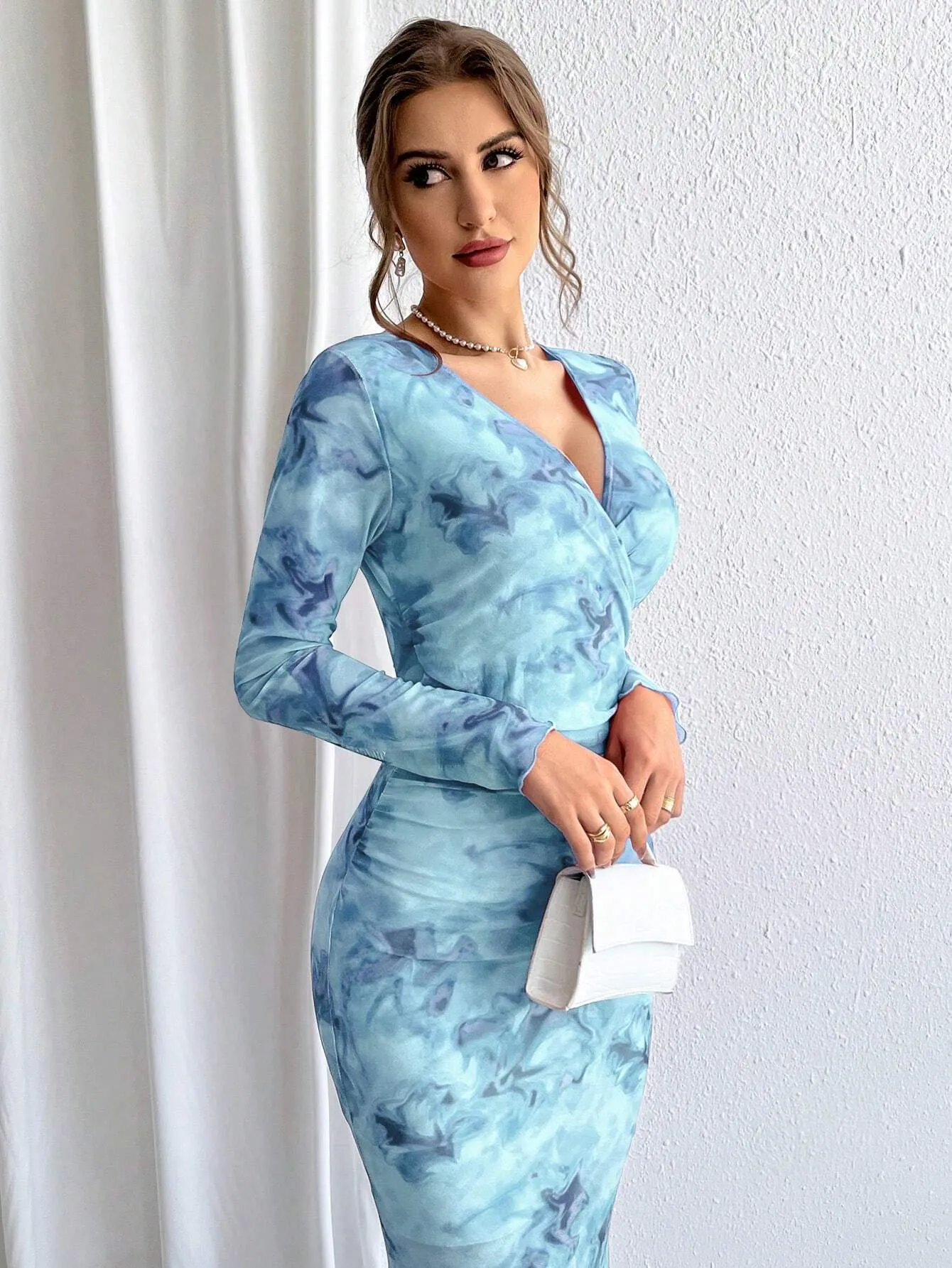 SHEIN Priv̩ Ladies' Tie-Dye Mesh Wrap Neck Long Sleeve Dress