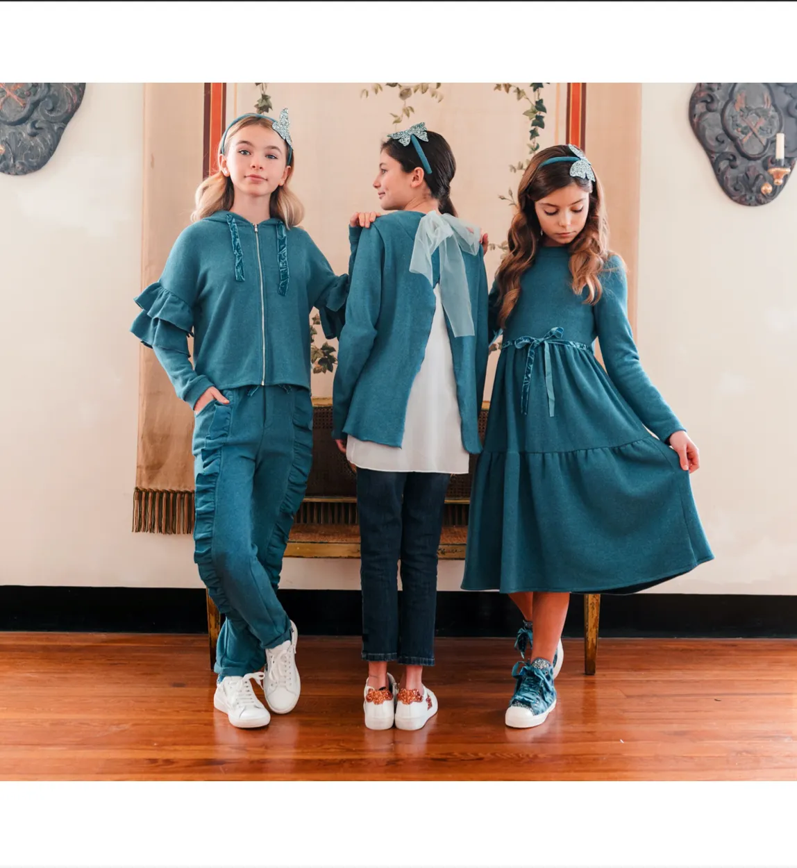 Teal wool dress with fur Jacket Set