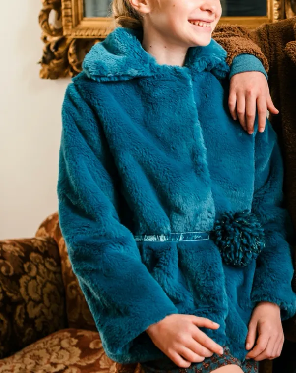 Teal wool dress with fur Jacket Set