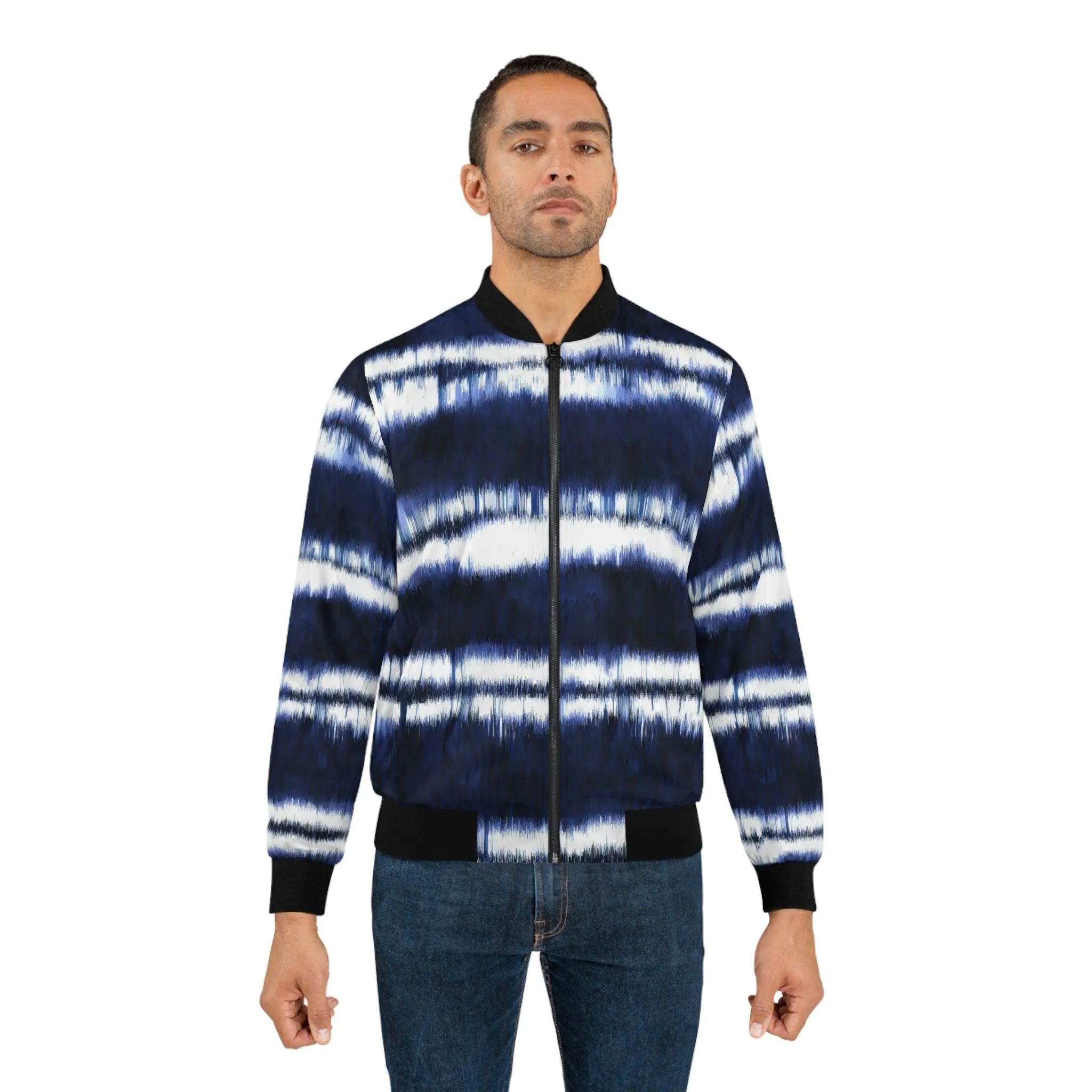 White Lines on Blue Men's Bomber Jacket (AOP)