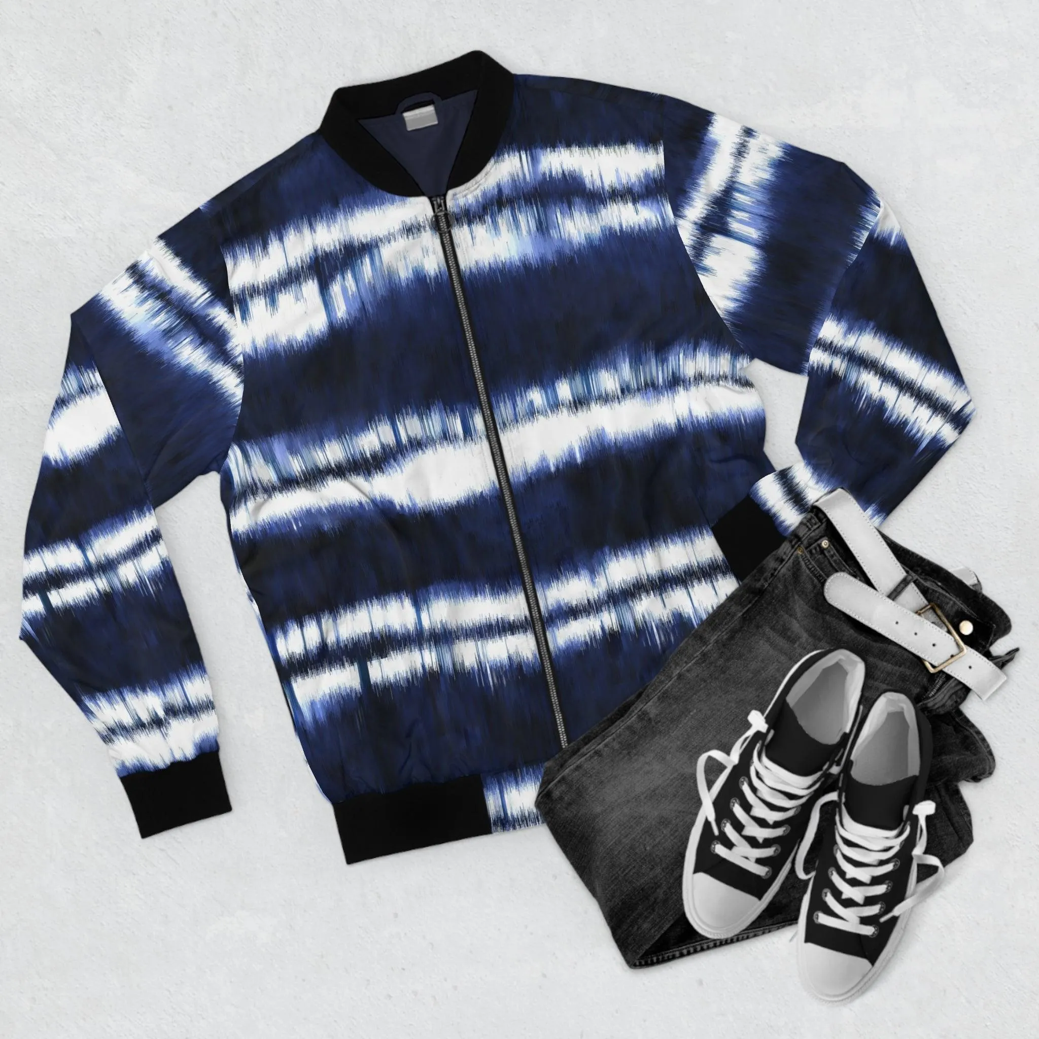 White Lines on Blue Men's Bomber Jacket (AOP)
