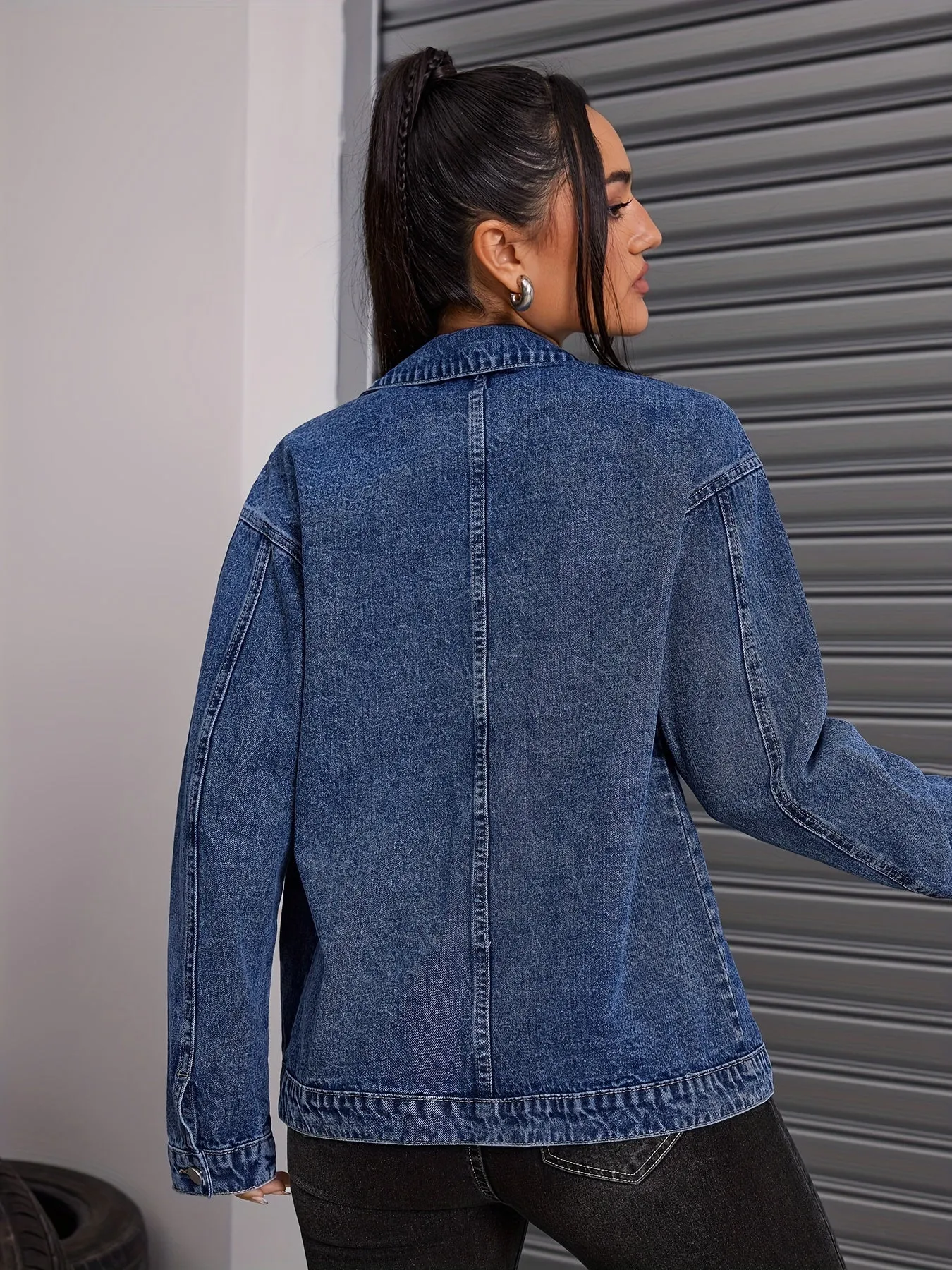 Women's Casual Denim Jacket - Loose Fit, Button-Up Front, Solid Color, Rayon Blend, Non-Stretch Fabric